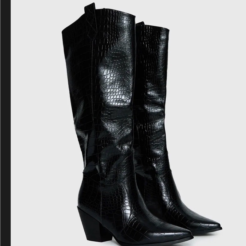 PRINCESS POLLY Croc-Embossed Knee-High Boots